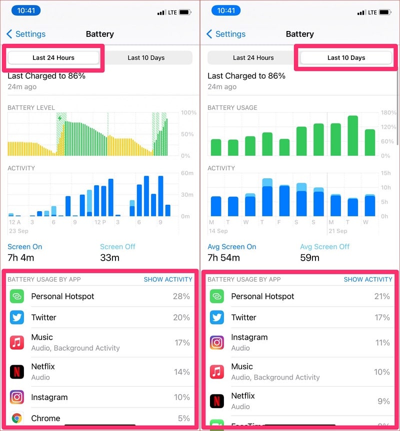 Check battery-consuming apps for last 24 hours and 10 days