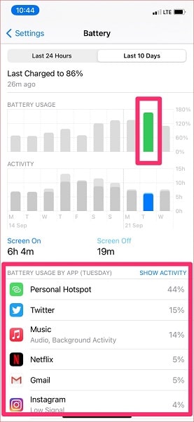 Check battery usage by app for that particular day