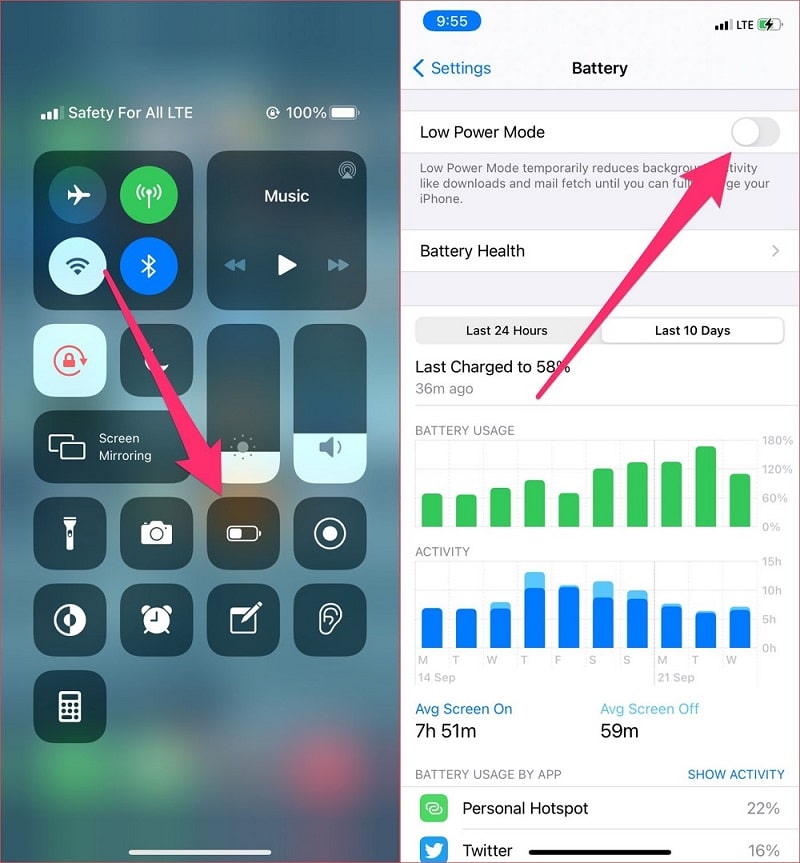 Enable low power mode on iPhone
