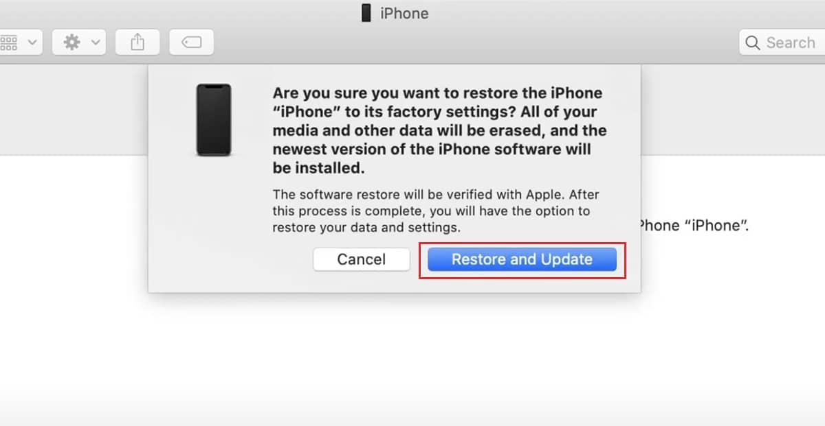 Final warning prompt when restoring iPhone via recovery mode