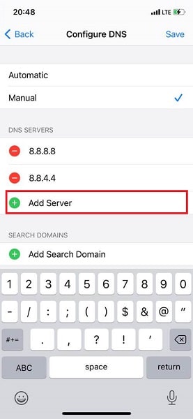 Modify DNS settings on iOS - add server