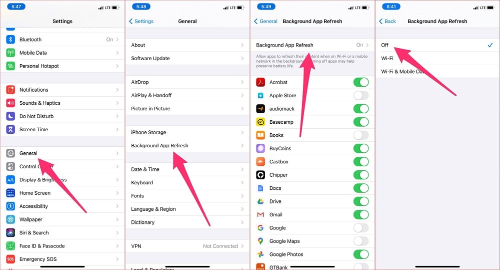 Turn off background app refresh on iPhone