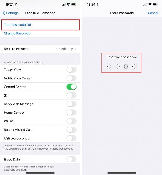 Turn off passcode on iPhone with face id