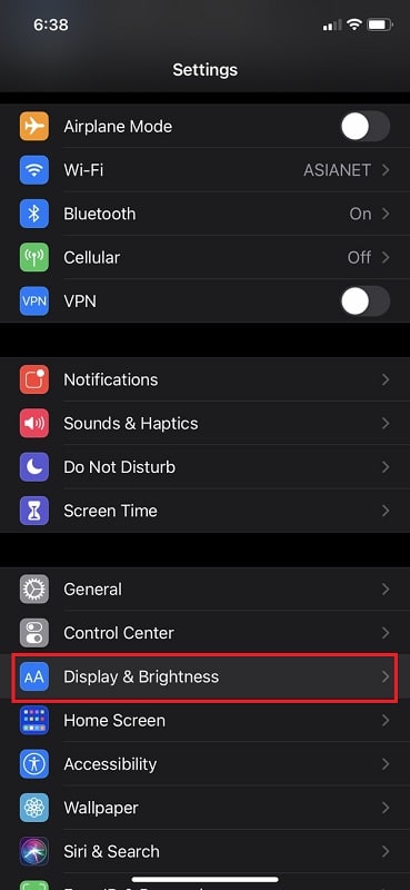 Display & Brightness from settings on iPhone
