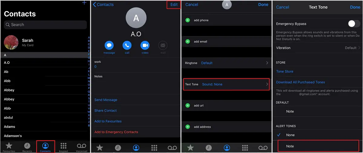 Check custom text tone settings for each contact