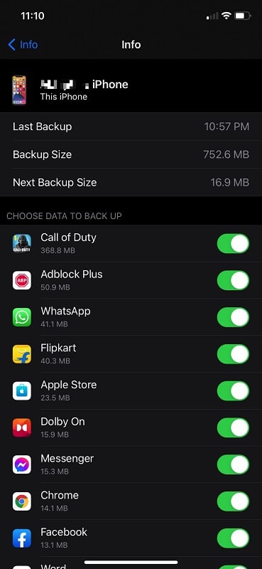 Choose data to back up on iCloud