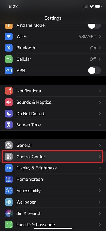 Control center from settings on iPhone