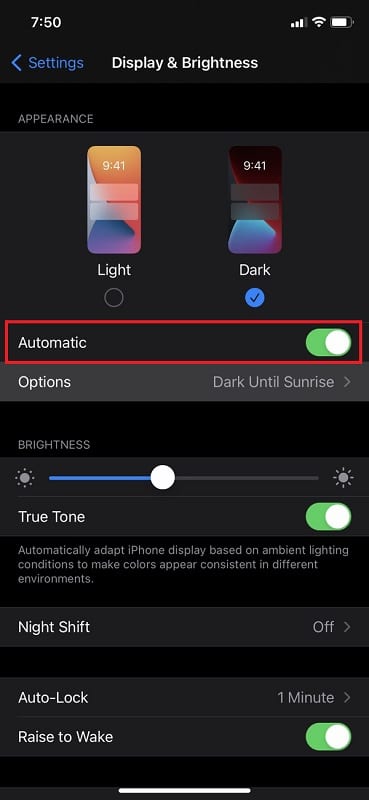 Enable Automatic option on Display & Brightness