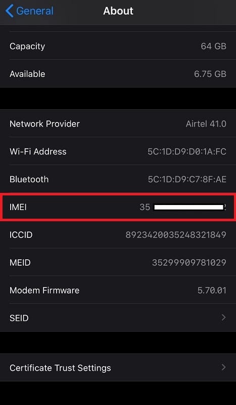 Get IMEI number from about page on iPhone
