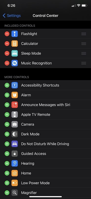 Included controls and more controls on iPhone