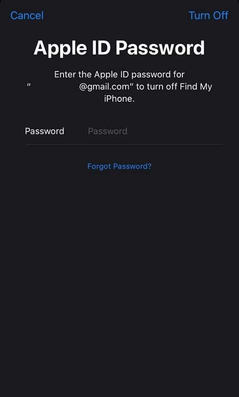 Input Apple ID password to disable Find My iPhone on iPhone