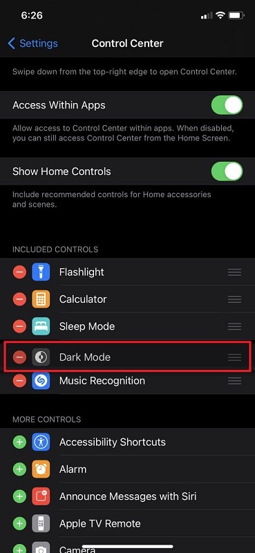 Move Dark mode from more controls to included controls on iPhone