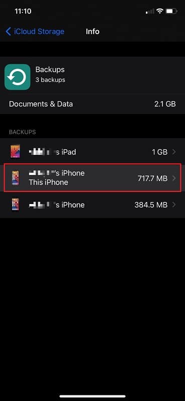 Select iPhone for backup on iCloud storage