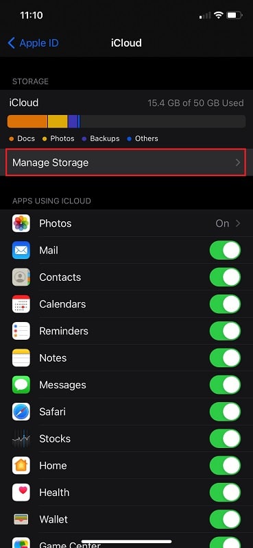 Select manage storage on iCloud