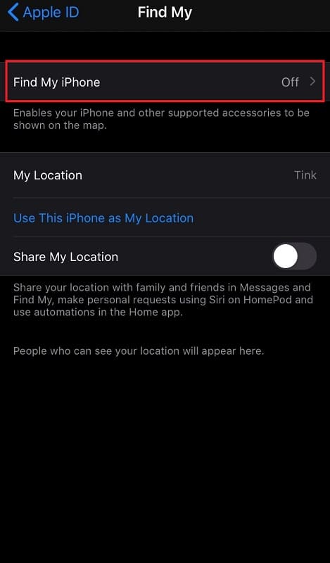 Tap on Find My iPhone on iPhone