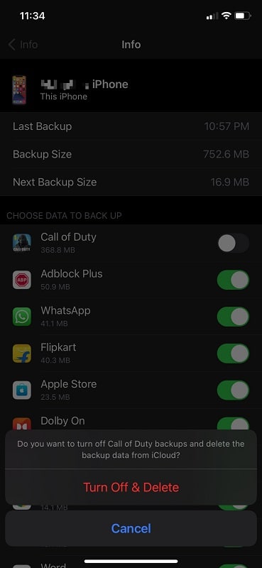 turn off backup of an app on iCloud