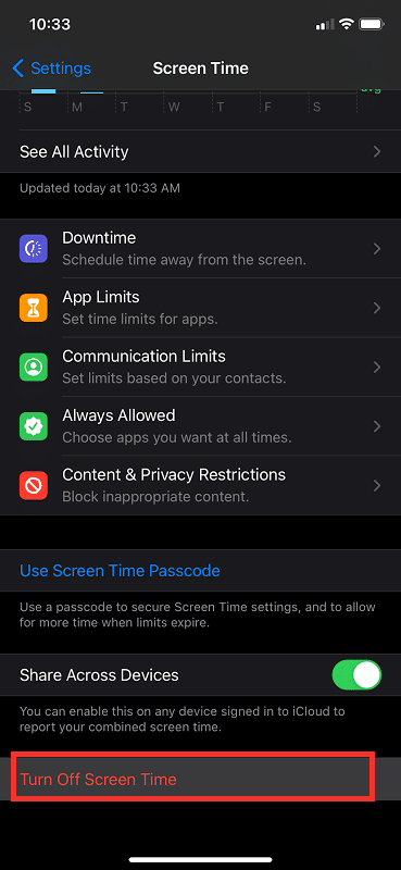Click on Turn off screen time on iPhone settings