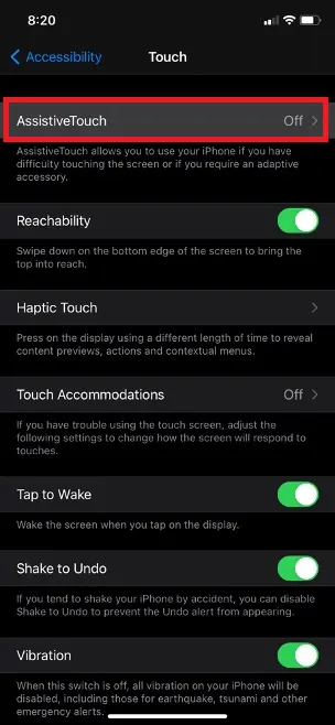 Choose AssistiveTouch from Accessibility on iPhone settings