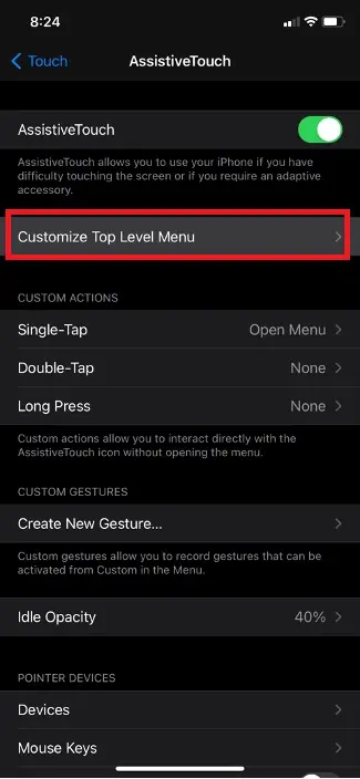 Choose Customize Top Level Menu on iPhone