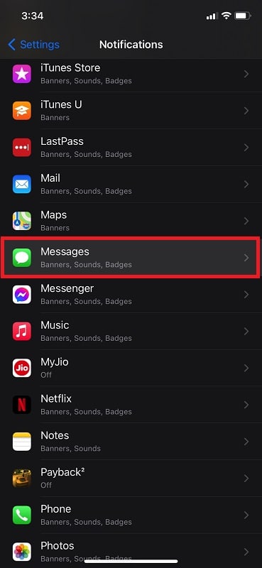 Choose Messages from Notifications on iPhone settings