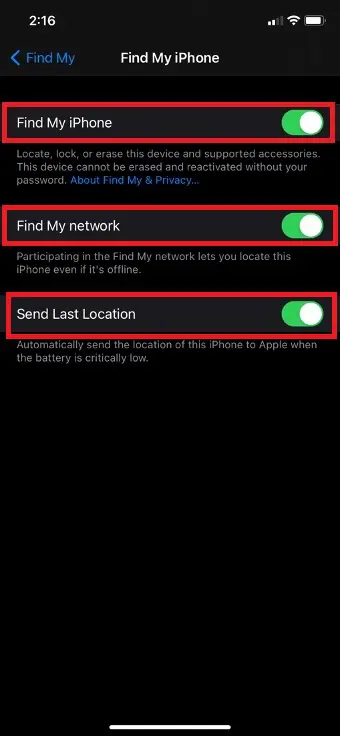 Enable Find My iPhone on iPhone settings
