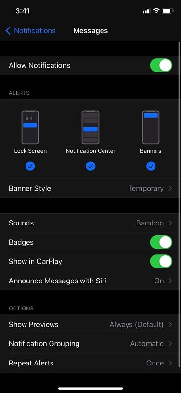 Messages options from Notifications on iPhone settings