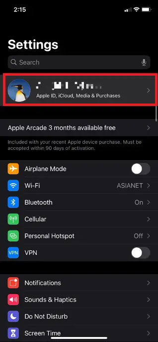 Tap on Apple ID on iPhone settings