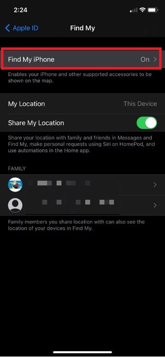 Tap on Find My iPhone on iPhone settings