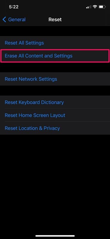 Erase all content and settings on iPhone settings