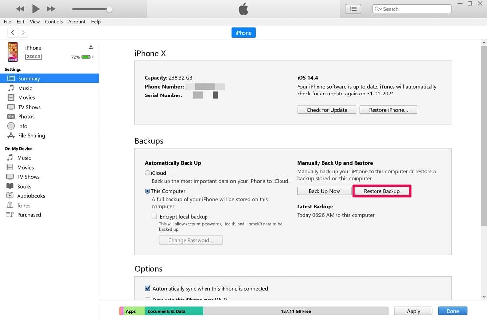 Restore backup on iTunes