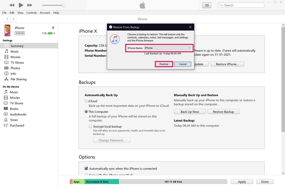 Restore from backup on iTunes