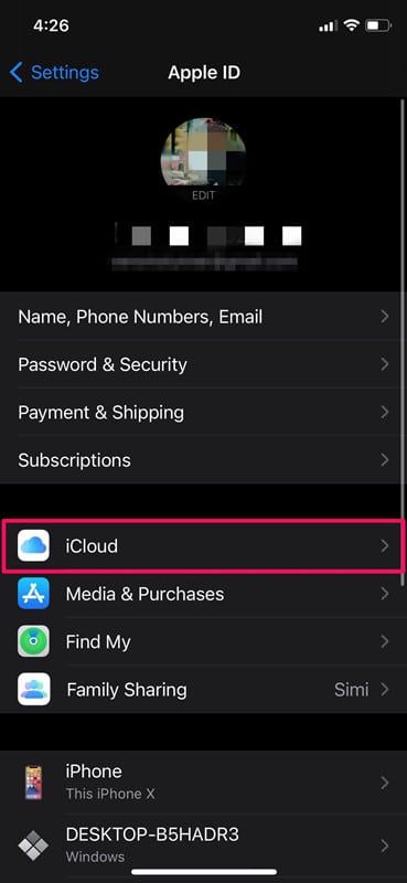Tap on iCloud on iPhone