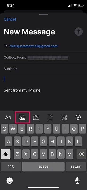 Tap on the photo icon to attach image files on email