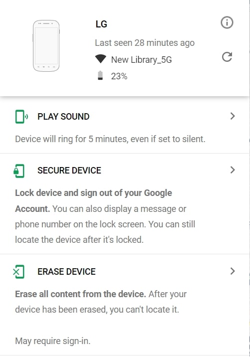 Screenshot of Google’s Find My Device showcasing all the options in case your device is lost 