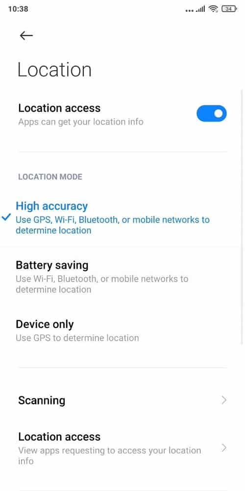 disable Location access on Android device