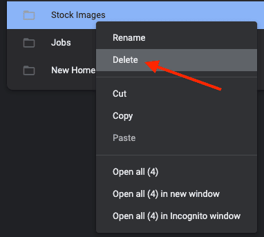 Choose Delete to remove bookmarks on Mac Chrome