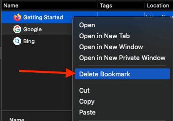 select Delete Bookmark on Mac Firefox