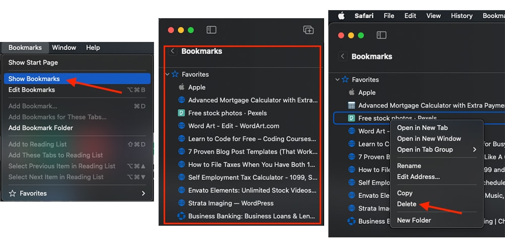 select Delete to remove bookmark from Mac Safari