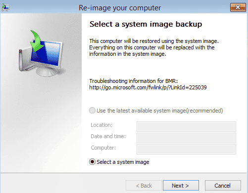 Select the system image to recover deleted folders