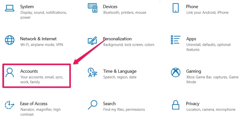 Click Accounts in Windows 10 Settings