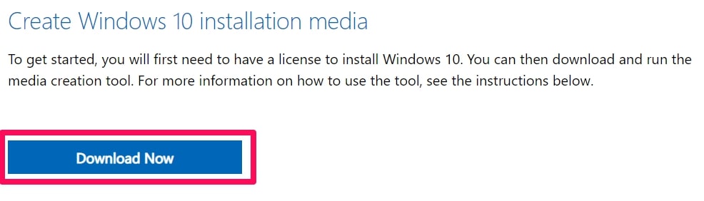 Download to create Windows 10 installation media