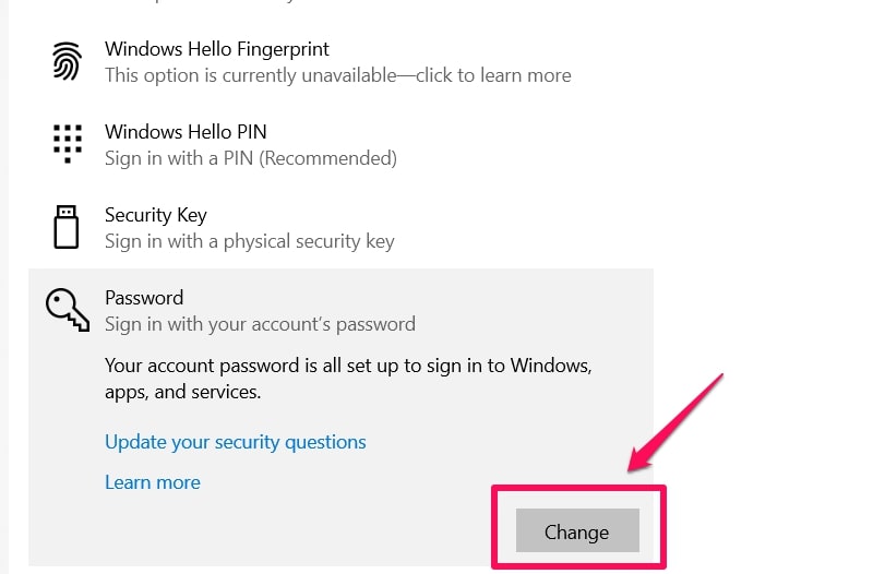 Click password and change in Windows 10