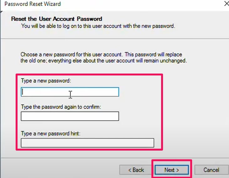 enter the password and click next in password reset wizard