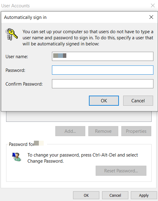 Enter username and password to automatically sign in Windows 10