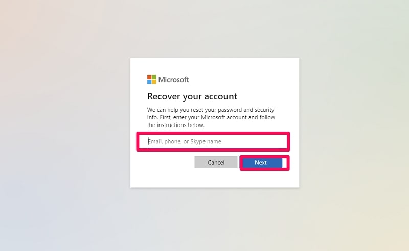 Enter your email address in Microsoft website