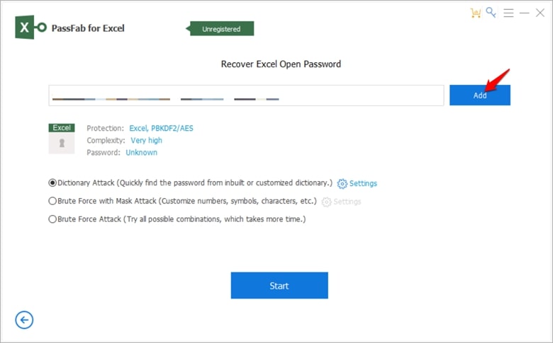 Excel Password Recovery showing the attack types you can use if you forgot your Excel password