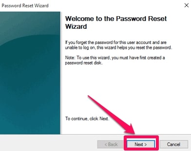 Press next in password reset wizard
