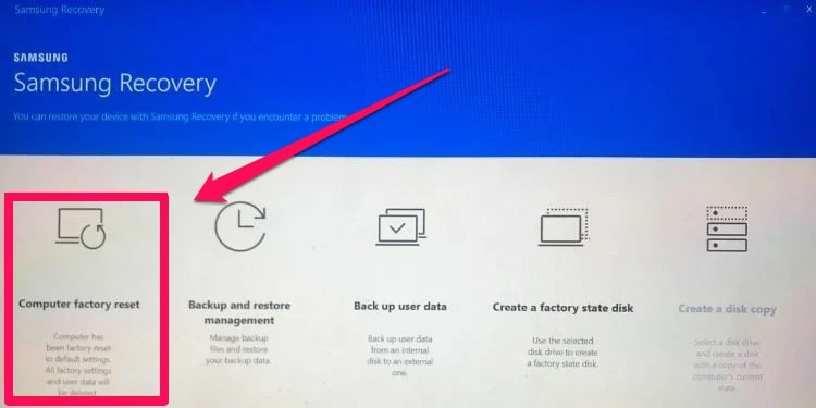 Samsung recovery choose computer factory reset