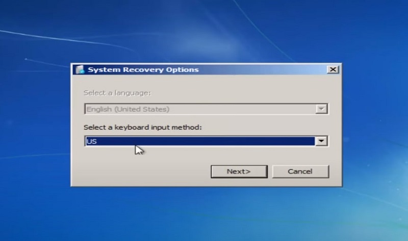 select keyboard input from system recovery options