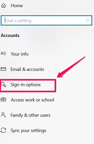 Select sign in options in Windows 10